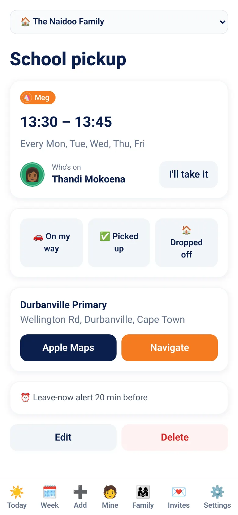 Activity screen with check-in buttons